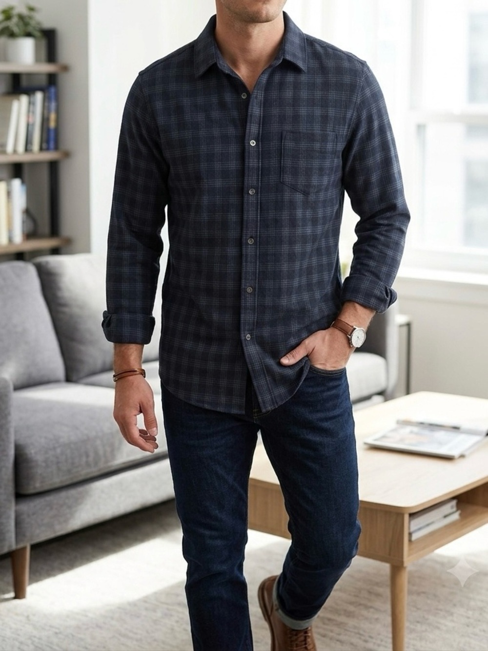 Age of Wisdom Men's Navy Plaid Button-Down Shirt- XL